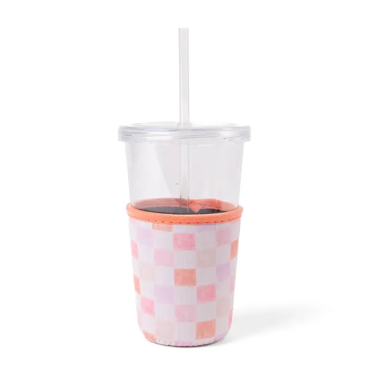 Pink Watercolor Check Iced Coffee Coozie
